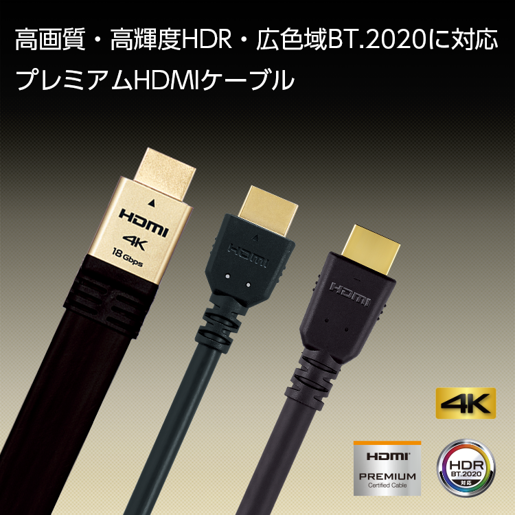 高画質・高音質・高輝度HDR・広色域BT.2020に対応　プレミアムHDMIケーブル